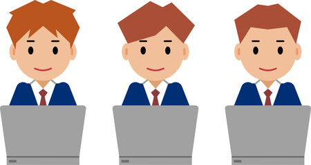 Obraz premium パソコンを操作する紺色スーツの若い男性