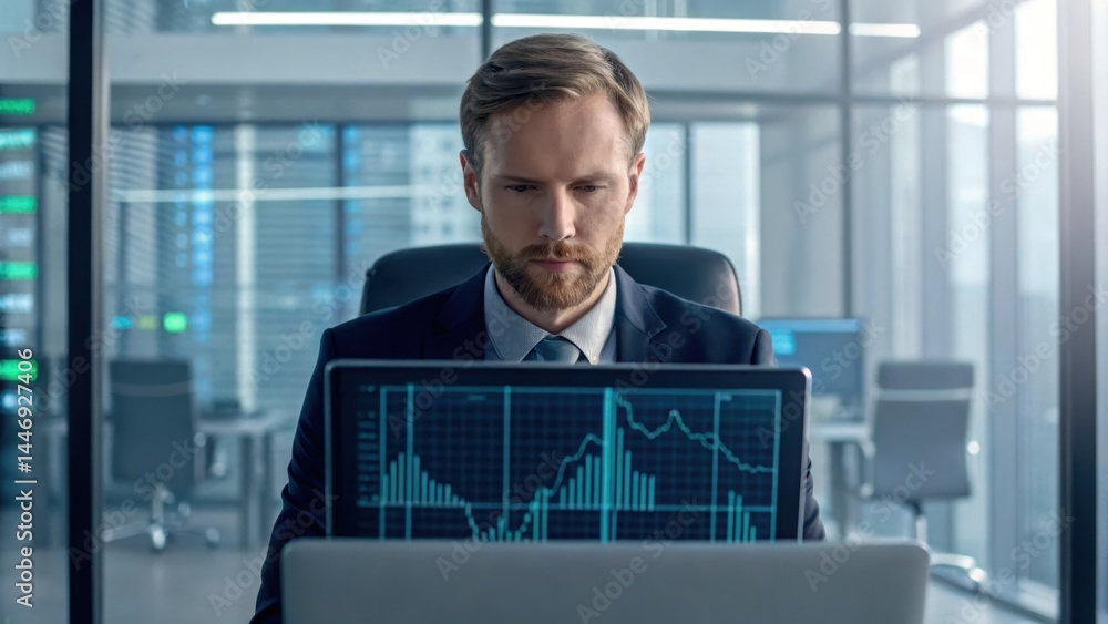 Poster business professional analyzing data on a laptop in a modern office setting with financial graphs di