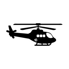 Simple black and white cartoon helicopter flying on a white background