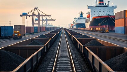 Fototapeta premium Cargo trains lined with coal carts at a shipping yard, flanked by large cargo ships and cranes under a soft sunset glow.