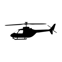 Black silhouette of a helicopter against a white background in motion