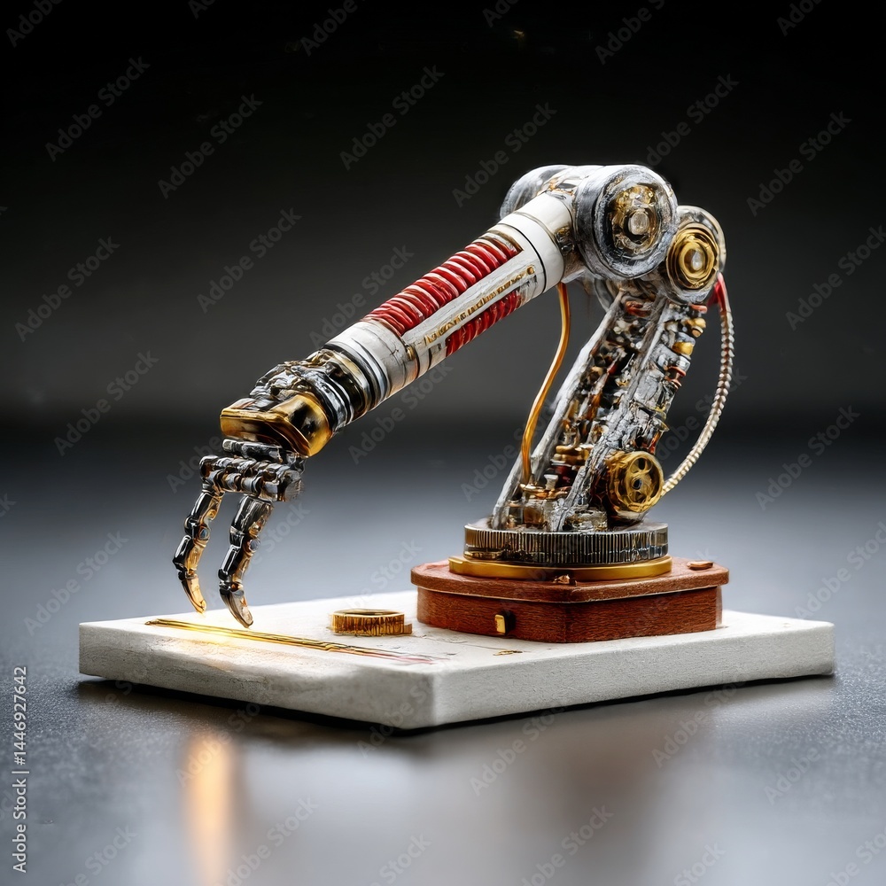 Poster steampunk robotic arm with intricate details and gears on a white base, ready to grasp a golden obje
