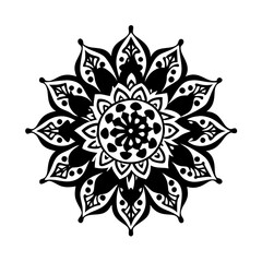 Elegant black and white mandala with intricate petal designs and symmetrical patterns