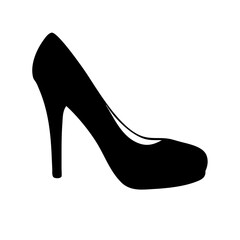 Elegant black stiletto high heel shoe in profile on white background