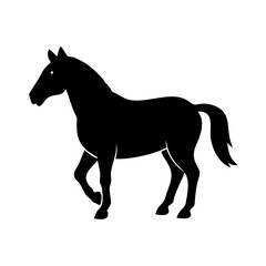 Elegant black silhouette of a horse walking on a white background