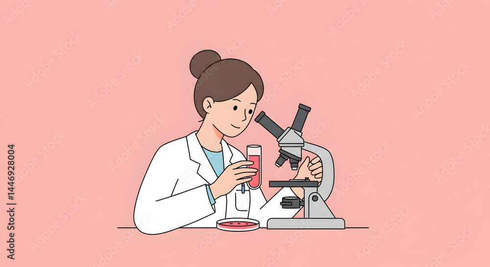 Aufkleber cartoon scientist working with microscope and test tube in a laboratory setting