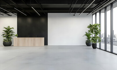 Obraz premium Modern Office Interior with Simple Reception Area and Green Plants