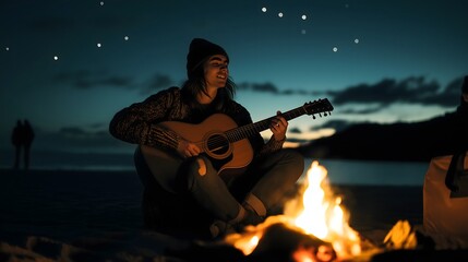 A young man wearing a hat and warm clothing plays acoustic guitar next to a glowing campfire at night on a beach, surrounded by nature under a starry sky.