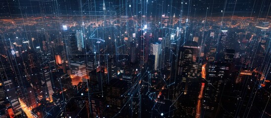 Fototapeta premium Night Cityscape with Digital Network
