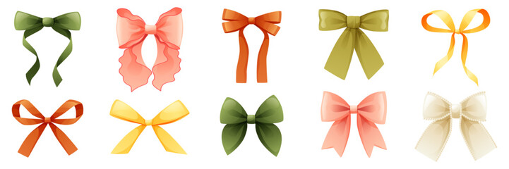 Set of different hair ribbons, bows of different colors, sets of vintage bows for girls. Isolated ribbons. Attributes, decoration of parties, holidays, bow for gift wrapping, box.