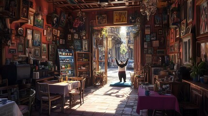 Vintage cafe interior with sunlight