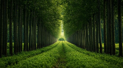 Verdant avenue through a symmetrical forest.