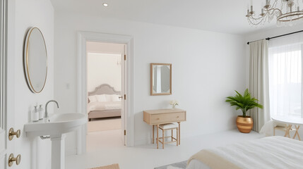 White bathroom and bedroom interior