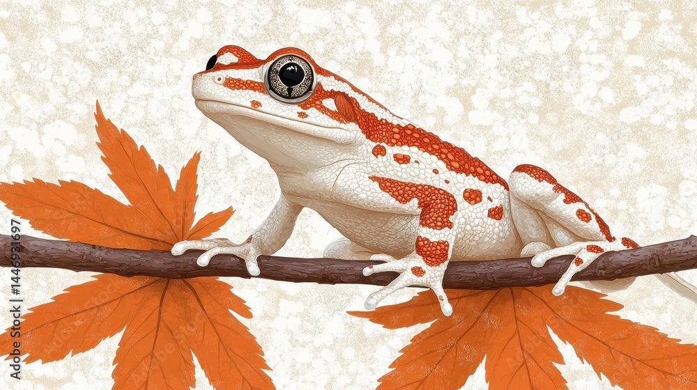 Poster whimsicalillustration of a spotted frog perched on a branch adorned with autumn maple leaves artisti