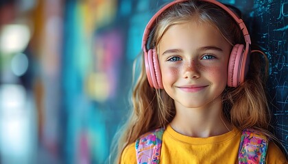 Fototapeta premium Girl smiles, headphones on