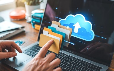 Cloud Computing And File Management On Laptop With Person Uploading Data To Online Storage System For Backup And Secure Data Transfer
