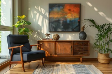 Modern design home interior of living room with wooden commode, design black armchair, tropical leafs and elegant accessories. Stylish home decor. Mock up abstract paintings on the wall. Template.
