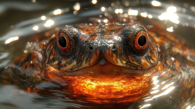 Intimate close-up showcasing a European fire-bellied toad with its captivating eyes and distinctive skin pattern emerging from a shimmering water surface