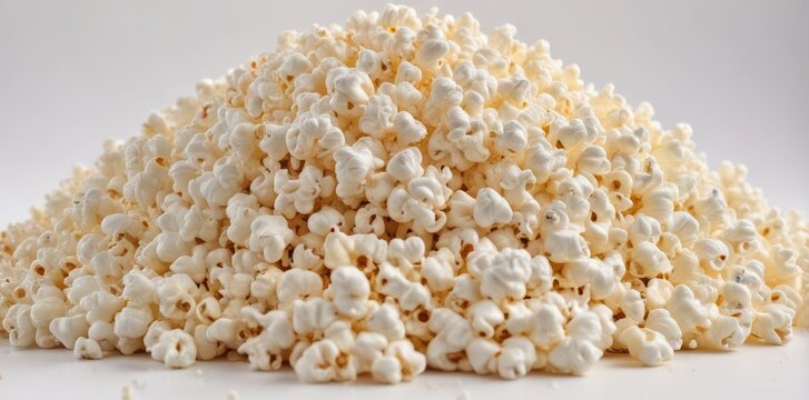 A mound of fluffy popcorn against a pure white backdrop , light, detail