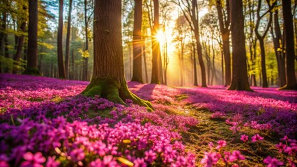 Sunlit Forest with Blooming Pink Flowers
