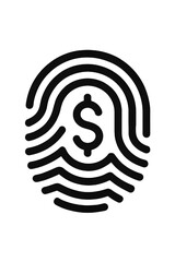 A minimalist black silhouette icon combining a fingerprint and a dollar symbol, representing secure financial transactions, digital banking, payment authentication, and fintech security UI/UX designs.