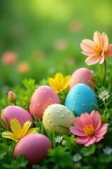 Fototapeta premium Colorful Easter eggs nestled amongst vibrant spring flowers and lush green grass , celebration, pastel colors, egg hunt