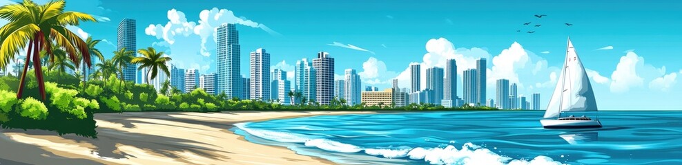 Obraz premium A picturesque coastal city scene with a sailboat.