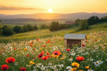 Sunset over a field of wildflowers with a bee house in the foreground.