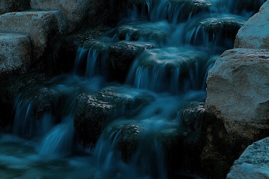 Serene waterfall cascading over rocky terrain in a tranquil natural setting, evoking peace