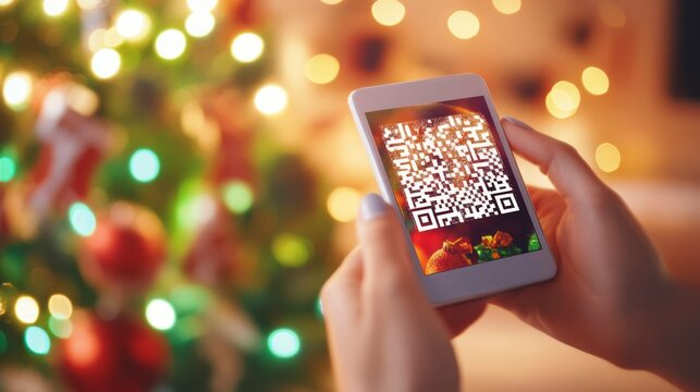 Hands holding phone scanning Christmas QR code for a digital holiday g