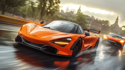 Orange sports car racing in city rain