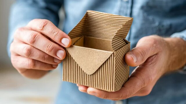A person is holding an open small, corrugated cardboard box with a textured surface.