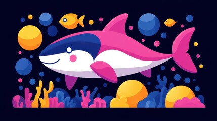 Obraz premium Playful pixel art illustration featuring a cute pink shark swimming alongside a small fish amidst vibrant coral reefs and colorful bubbles in ocean
