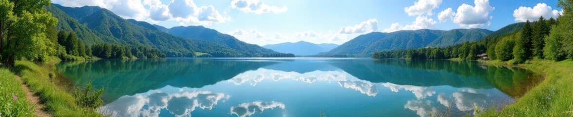 Obraz premium Panoramic view of Biggesee lake in Sauerland, sunny day, view, water, summer