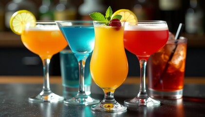 Close-up of assorted colorful cocktails in elegant glassware, white background, bar