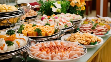 Buffet of various plates of catered food for all tastes.