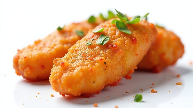 Spicy fish pakora, isolated on white background, chili-infused batter and crispy coating, high-resolution photorealistic shot