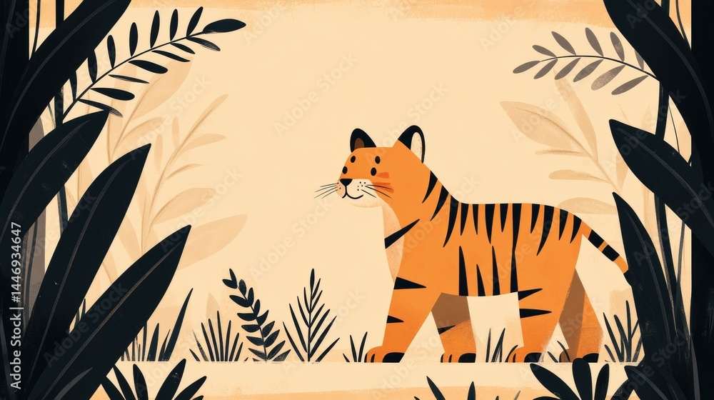 Poster stylized tiger walking through dense jungle foliage, rendered with a pixelated aesthetic creating a 