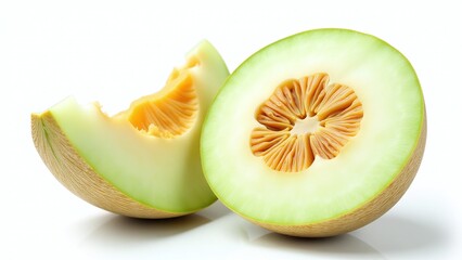 Melon halves, isolated on white background, soft fruit flesh and detailed seed cavity, ultra-detailed food photography