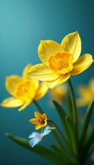 Fototapeta premium Close up of beautiful yellow and blue flowers in full bloom, springtime, up close, vibrant