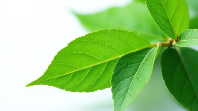 Guava leaves, isolated on white background, rich green hues and natural vein texture, photorealistic macro