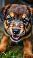 small brown and black dog laying on top of grass