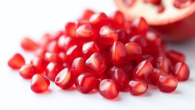 Pomegranate seeds, isolated on white background, translucent red hues and fresh pulp, photorealistic macro