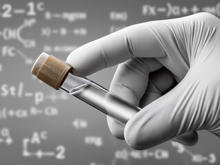 A gloved hand grasping a test tube against a backdrop of complex scientific formulas - investigation academia researcher formulas laboratory