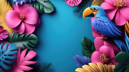 Obraz premium Vibrant tropical arrangement of bold pink flowers lush green leaves and a captivating blue parrot against a serene blue background center space