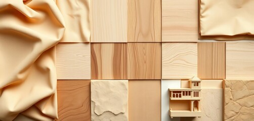 Beige textile, wood, stone, and architectural model samples arranged in a flat lay, neutral, handmade