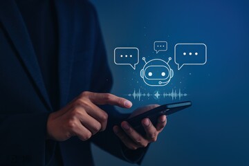 Man using smartphone with chatbot assistant on screen