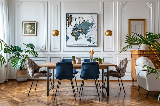 Stylish and eclectic dining room interior with mock up poster map, sharing table design chairs, gold pedant lamp and elegant sofa in second space. White walls, wooden parquet. Tropical leafs in vase.