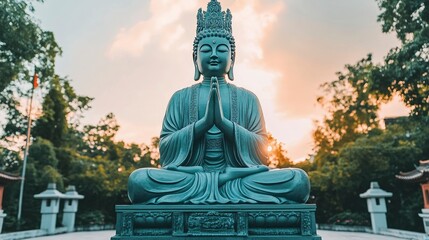 Obraz premium Serene Buddha Statue in a Tranquil Garden at Sunset, Symbolizing Peace and Meditation