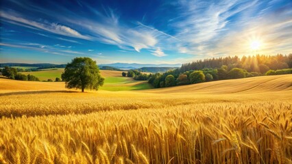 Serene landscape with golden wheat field under a clear blue sky on a sunny day